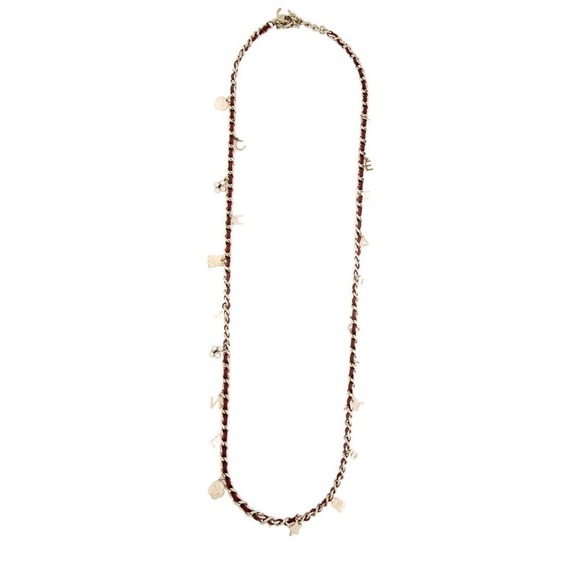 CHANEL Faux Pearl Leather & Crystal Iconic Charms Necklace
